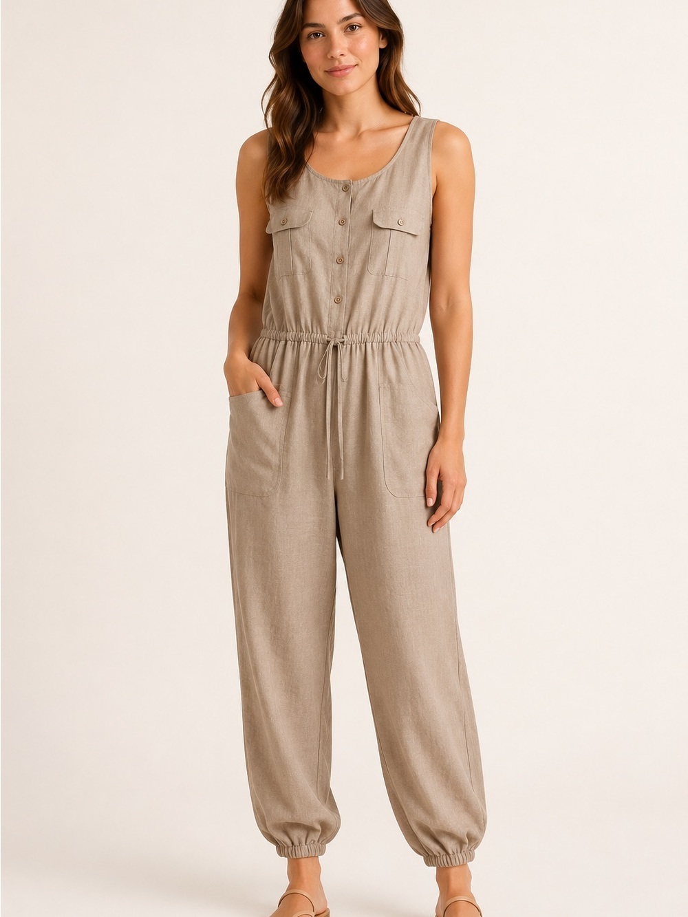Ci Sono Sleeveless Utility Jumpsuit in Taupe